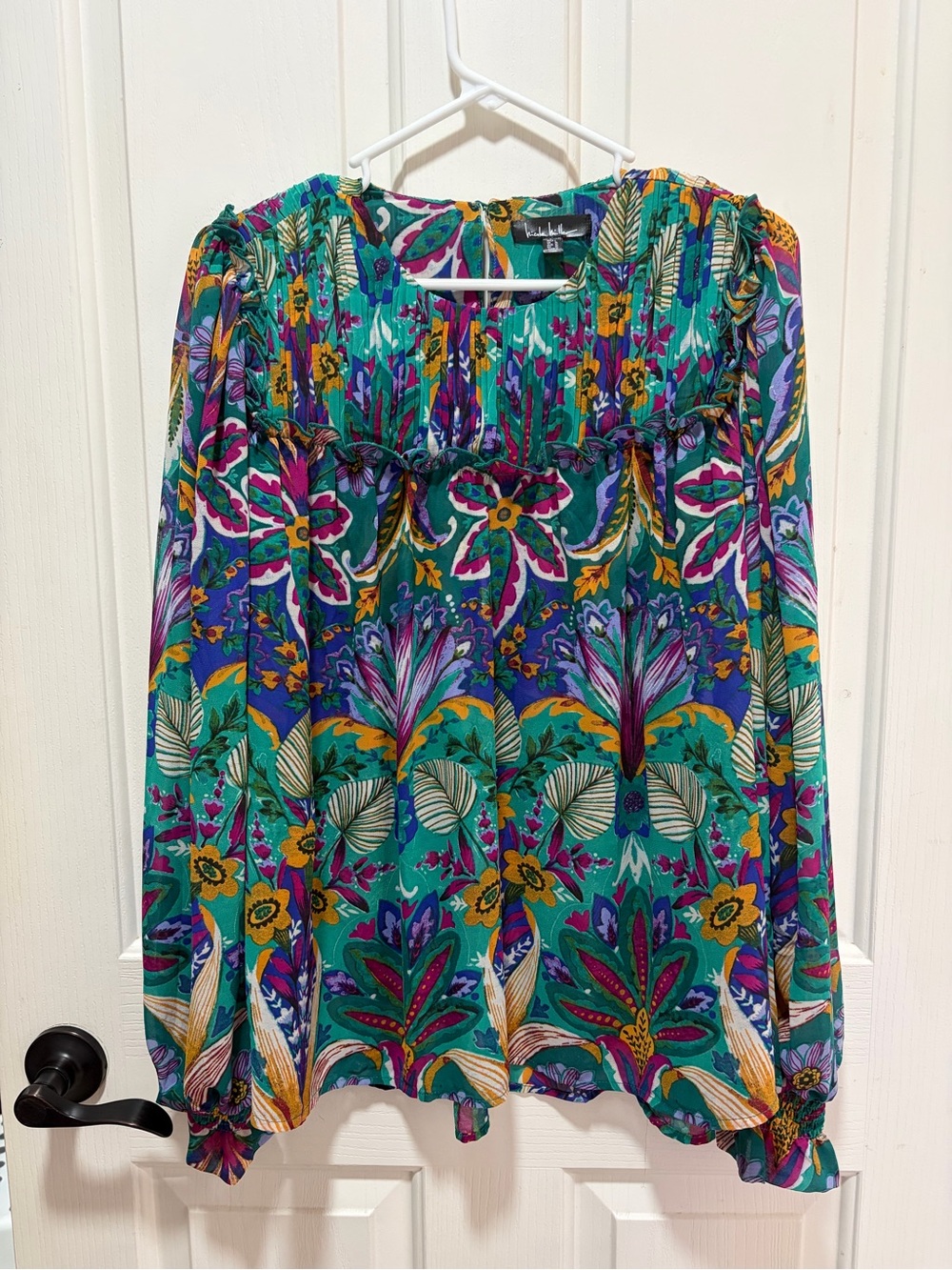 Nicole Miller Teal Multi Floral Long Sleeve Blouse